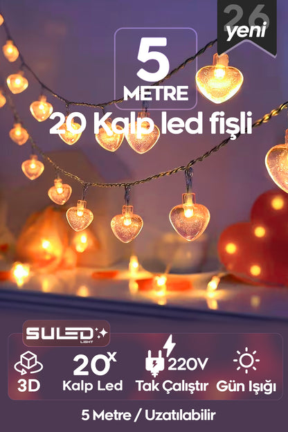 5 Metre Kalpli Led Işık 20 Kalp Dekoratif Süsleme Ledi 220V Fişli Gün Işığı Ortam Ambiyans Led