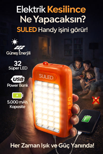 Güneş Panelli Handy Power Bank Fener Işıldak 32 Süper Smd Ledli El Feneri Ev Kamp Outdoor Aydınlatma