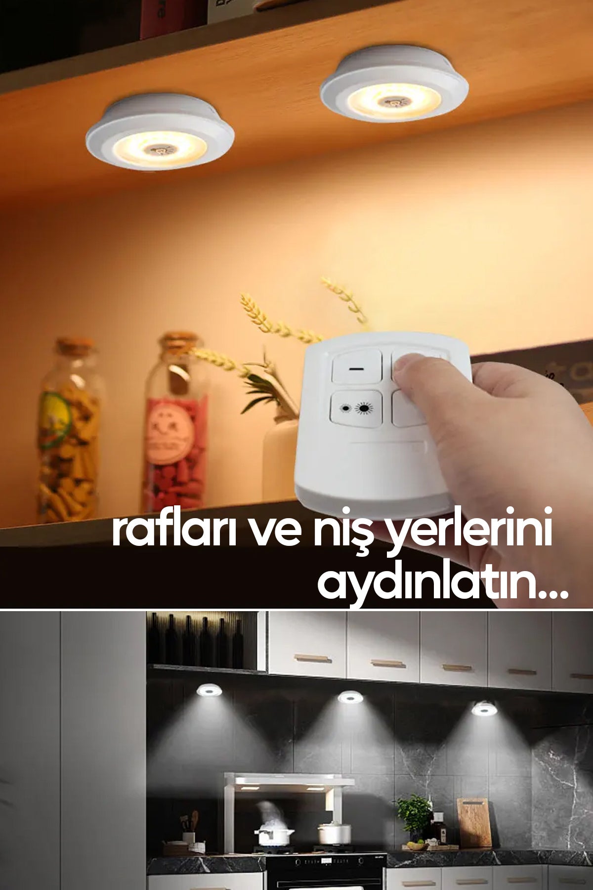 Pilli Uzaktan Kumandalı Montajsız Yapışkanlı 3'lü Spot Led Işık Lamba Raf Niş Dolap Mutfak Işığı