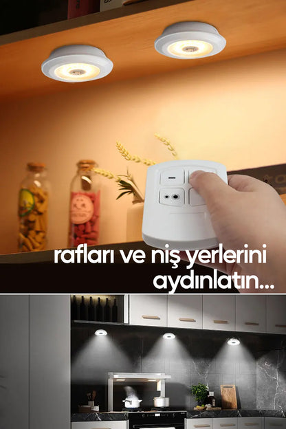 Pilli Uzaktan Kumandalı Montajsız Yapışkanlı 3'lü Spot Led Işık Lamba Raf Niş Dolap Mutfak Işığı