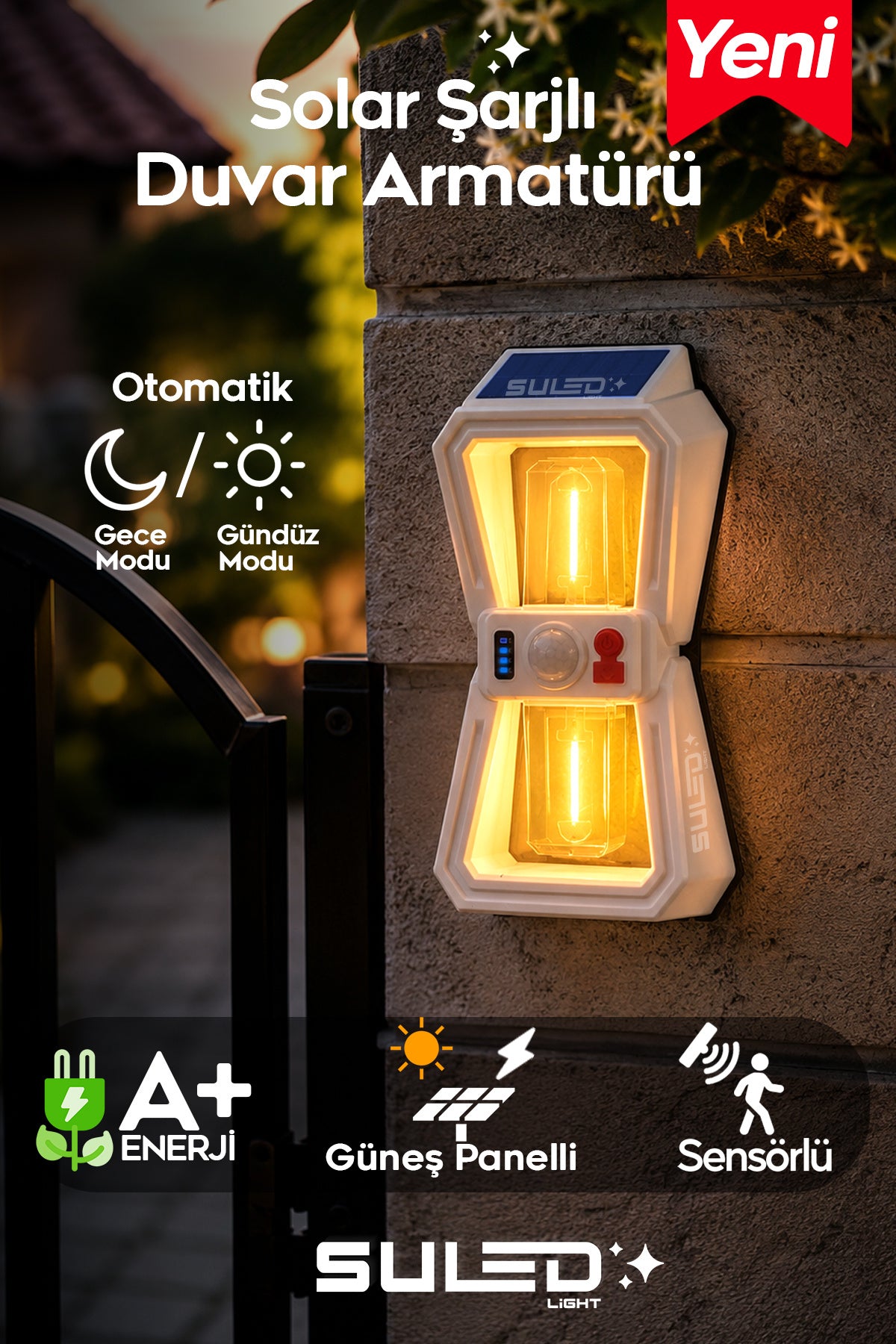 Sensörlü 2 Led Solar Panelli Pilli Otomatik Bahçe Aydınlatması Duvar Led Işık