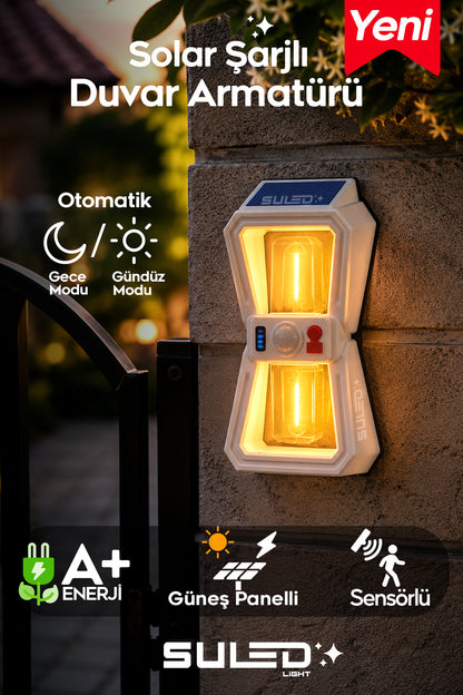 Sensörlü 2 Led Solar Panelli Pilli Otomatik Bahçe Aydınlatması Duvar Led Işık