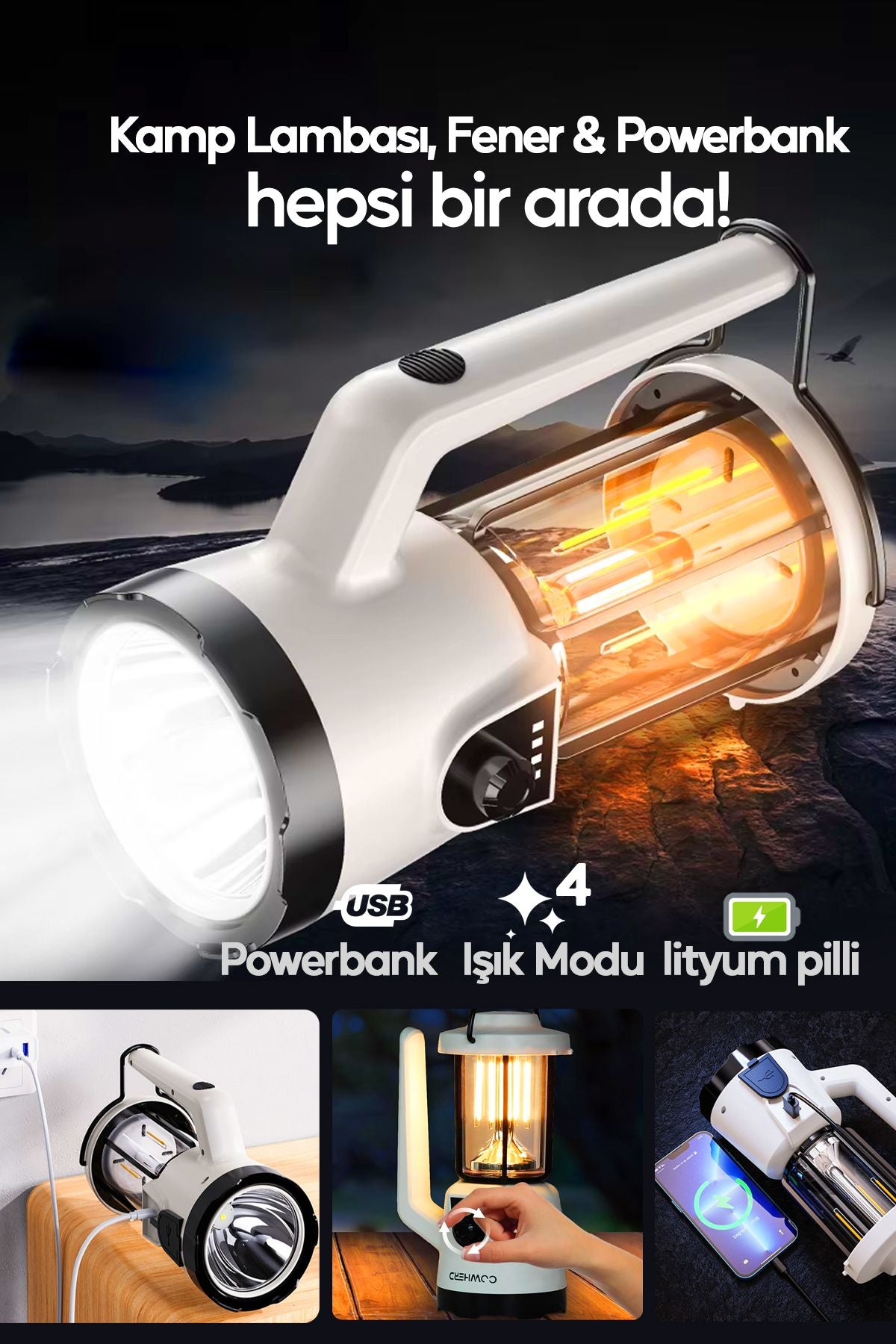 Şarjlı El Feneri Lamba Işıldak Pro2 Profesyonel Kamp Lambası ve Fener Şarjlı USB Powerbank Özellikli