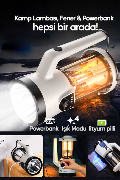 Şarjlı El Feneri Lamba Işıldak Pro2 Profesyonel Kamp Lambası ve Fener Şarjlı USB Powerbank Özellikli