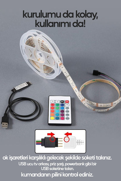 2 Metre TV Arkası & Dekoratif Ortam Ambiyans Aydınlatması Kumanda Kontrollü Tak Çalıştır Şerit Led