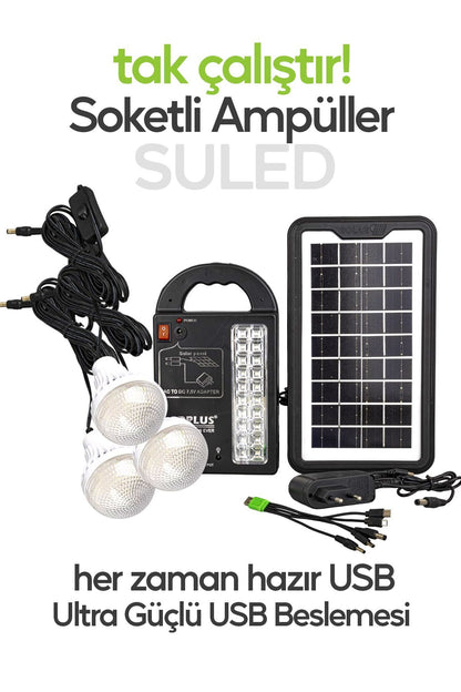 Solar Aydınlatma Seti 3 Lambalı 22 Amper Lithium Bataryalı USB Power Bank Led Işıldak Fener