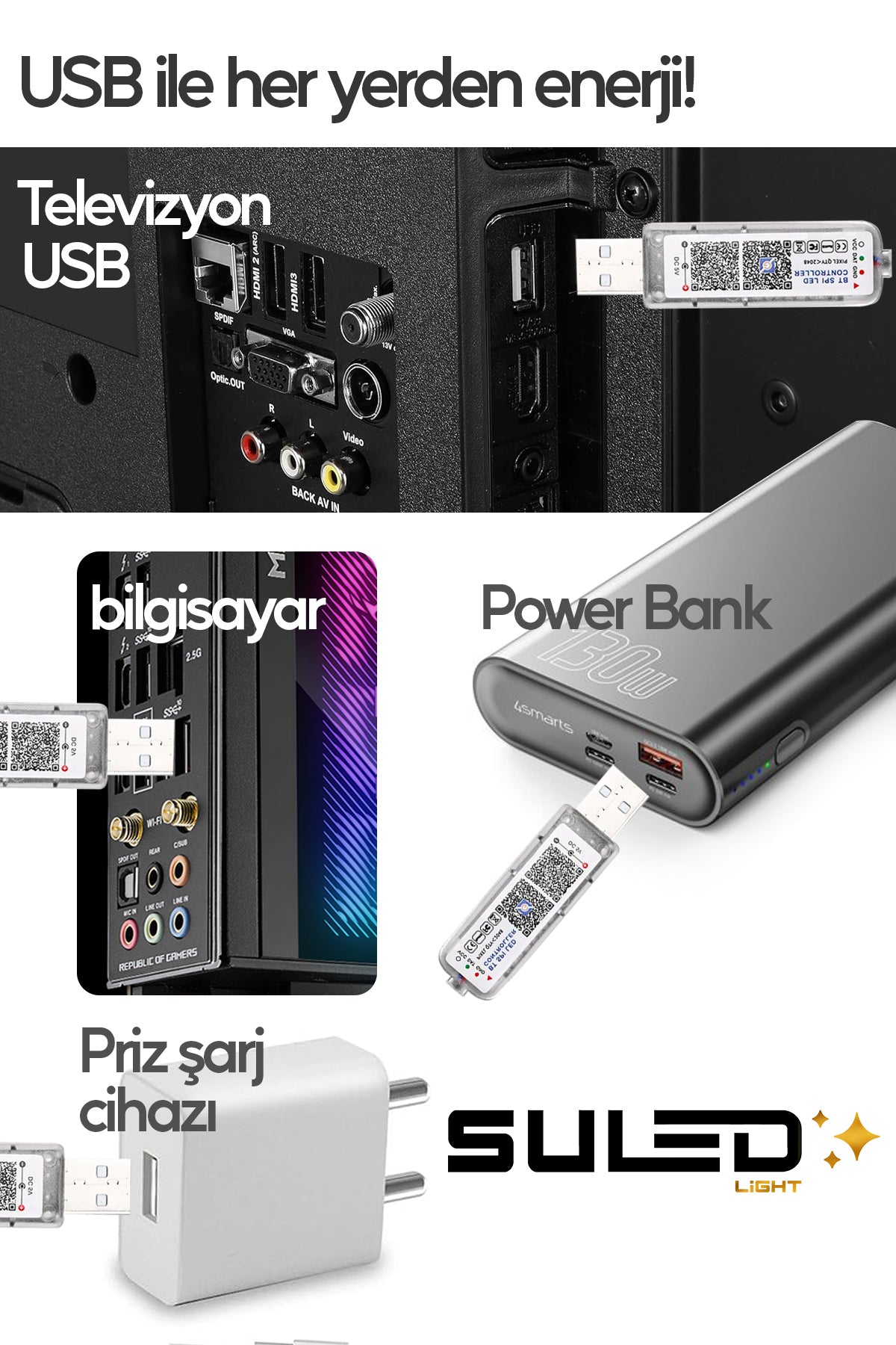 Gamer Led 1 Metre RGB Şerit LED Bluetooth ve Uygulama Kontrollü USB Oyuncu Aydınlatması