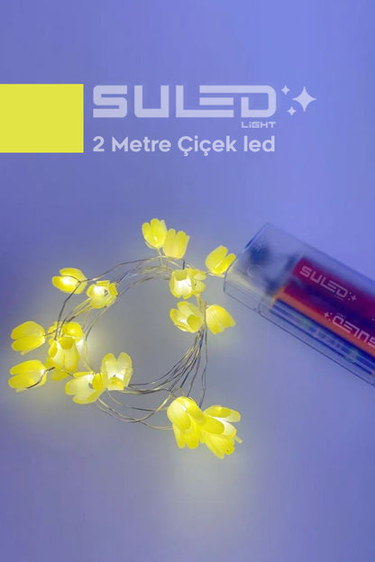 Pilli 20 LED Sarı Çiçek Dekoratif Işık 2 Metre Gün Işığı İç Mekan Süsleme Led Aydınlatma Ortam Işığı