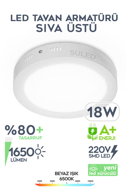 Led Tavan Armatürü 18W Beyaz Işık 1650lm 220V A+ Tavan 21CM 6500K Ev Ofis Atölye Balkon IP20