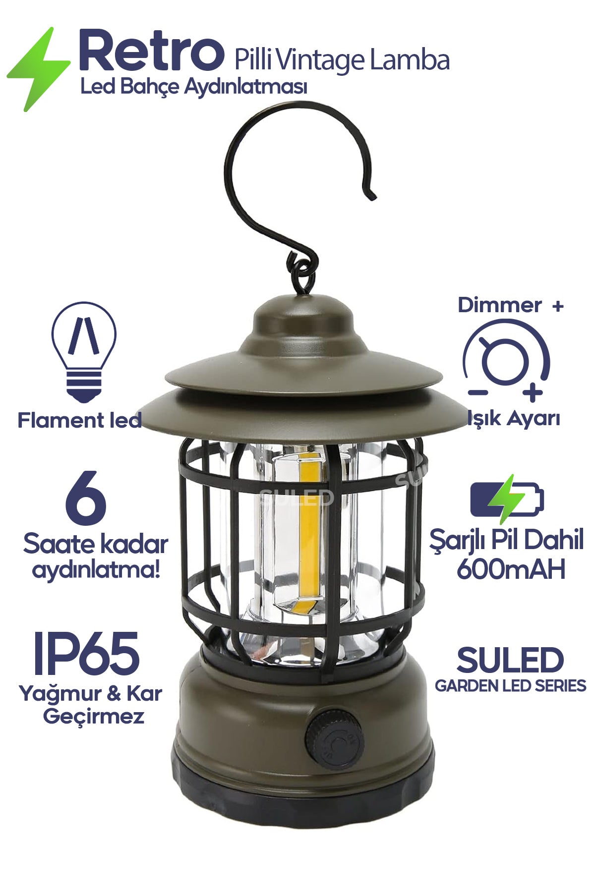 Retro Kamp Lambası Haki Şarjlı & Pilli Fanus Fener Dimmer Özellikli Suya Dayanıklı