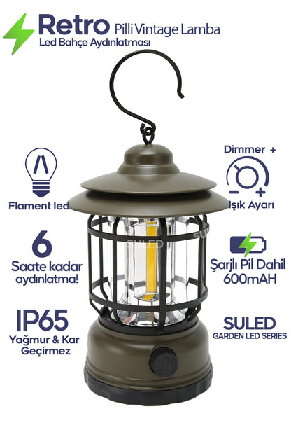 Retro Kamp Lambası Haki Şarjlı & Pilli Fanus Fener Dimmer Özellikli Suya Dayanıklı