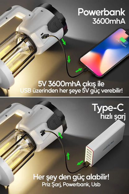 Şarjlı El Feneri Lamba Işıldak Pro2 Profesyonel Kamp Lambası ve Fener Şarjlı USB Powerbank Özellikli