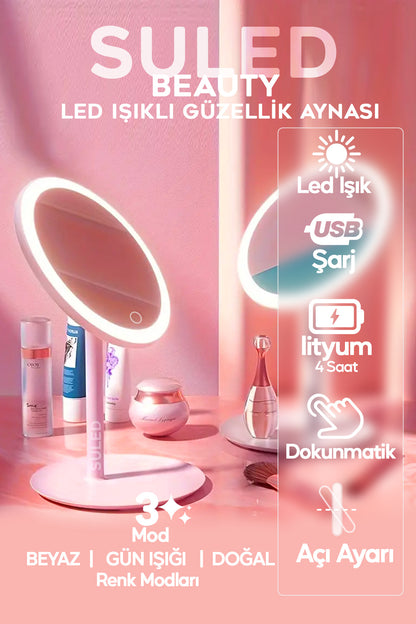 Makyaj Aynası 3 Modlu Led Işıklı USB Şarjlı Yuvarlak Taşınabilir Açı Ayarlı Güzellik Aynası