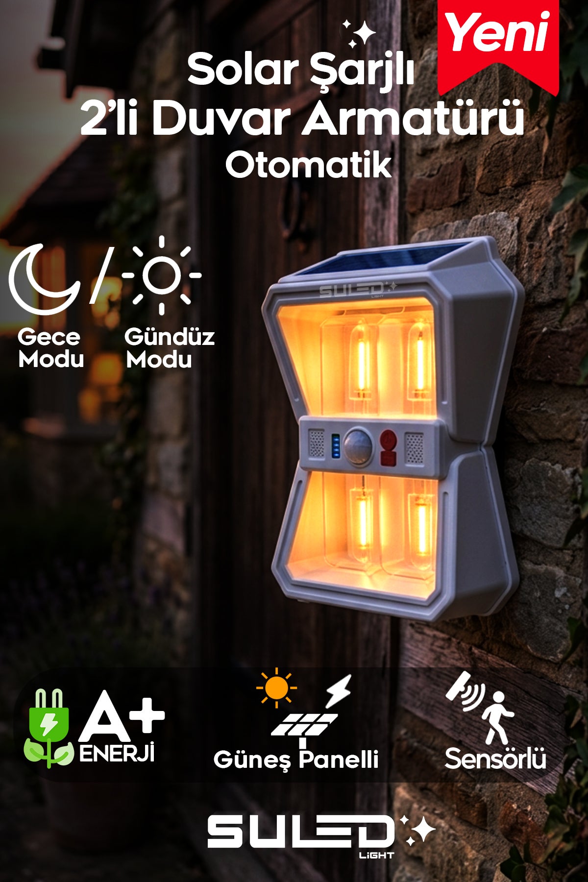 Sensörlü 4 Led Solar Panelli Pilli Otomatik Bahçe Aydınlatması Duvar Led Işık