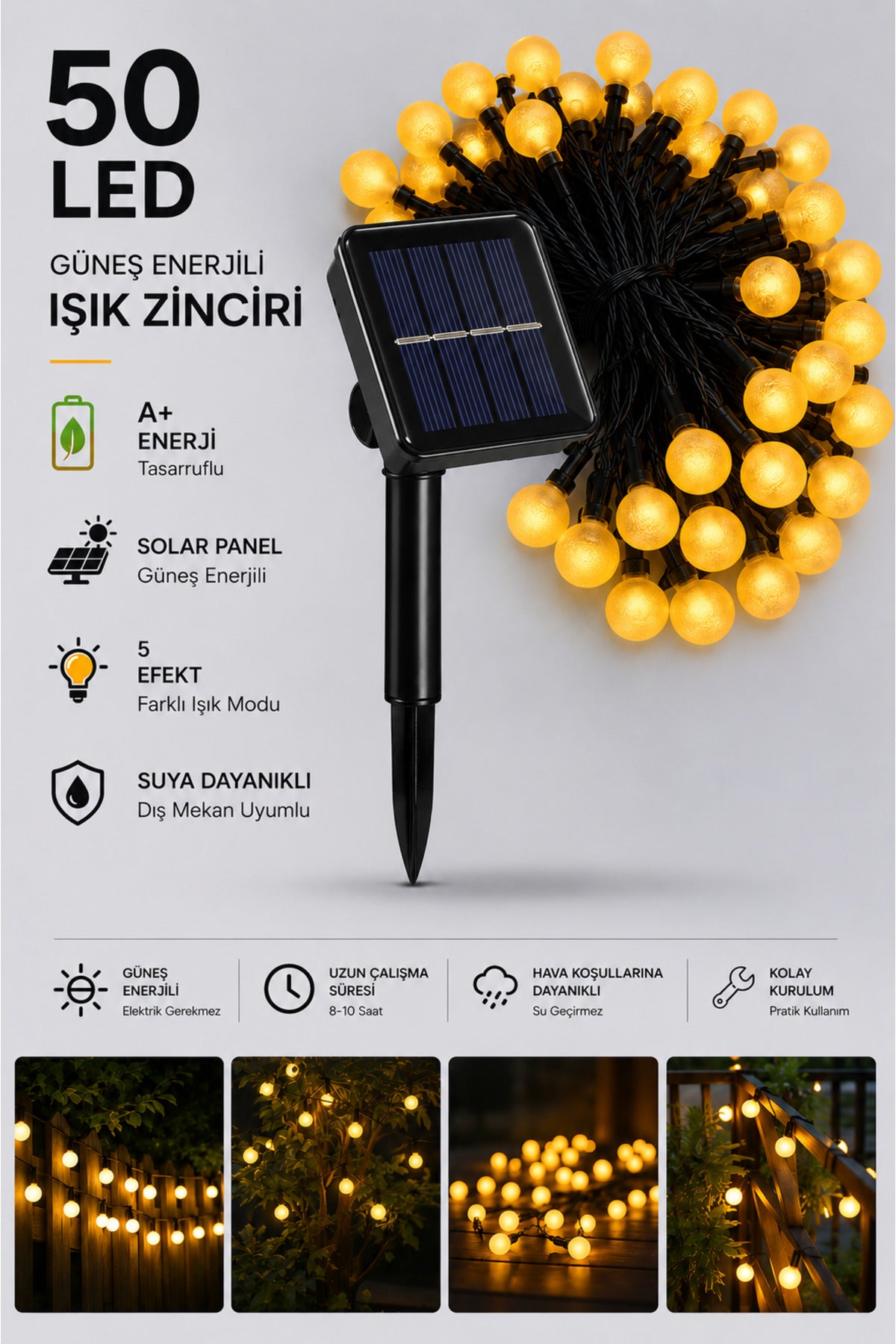Dekoratif 7 Metre 50 Top Led Solar Balkon Teras Ağaç Bahçe Aydınlatması
