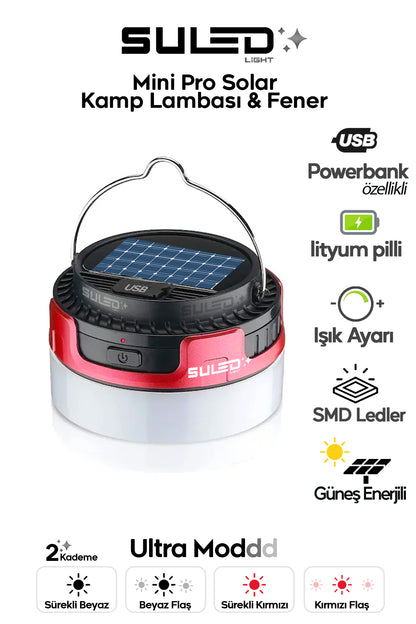 Mini Pro Kamp Lambası ve Fener USB Power Bank Özellikli Solar Panel 4 Mod Flaşlı
