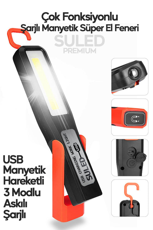 Manyetik Tamirci El Feneri 3 Modlu Şarjlı COB Xpe Led Acil Durum Kamp Tamir İkaz Lambası Askılı