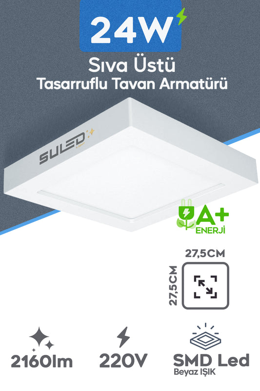 Sıva Üstü Kare Led Armatür 24 Watt SMD 6500k Beyaz Led Tavan Aydınlatması Ev Ofis Işyeri Atölye