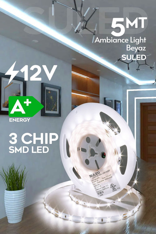 Şerit Led 5 Metre Beyaz Işık 3 Çipli Pro Ambiyans Aydınlatma Mutfak Salon Yatak Odası Led Işık