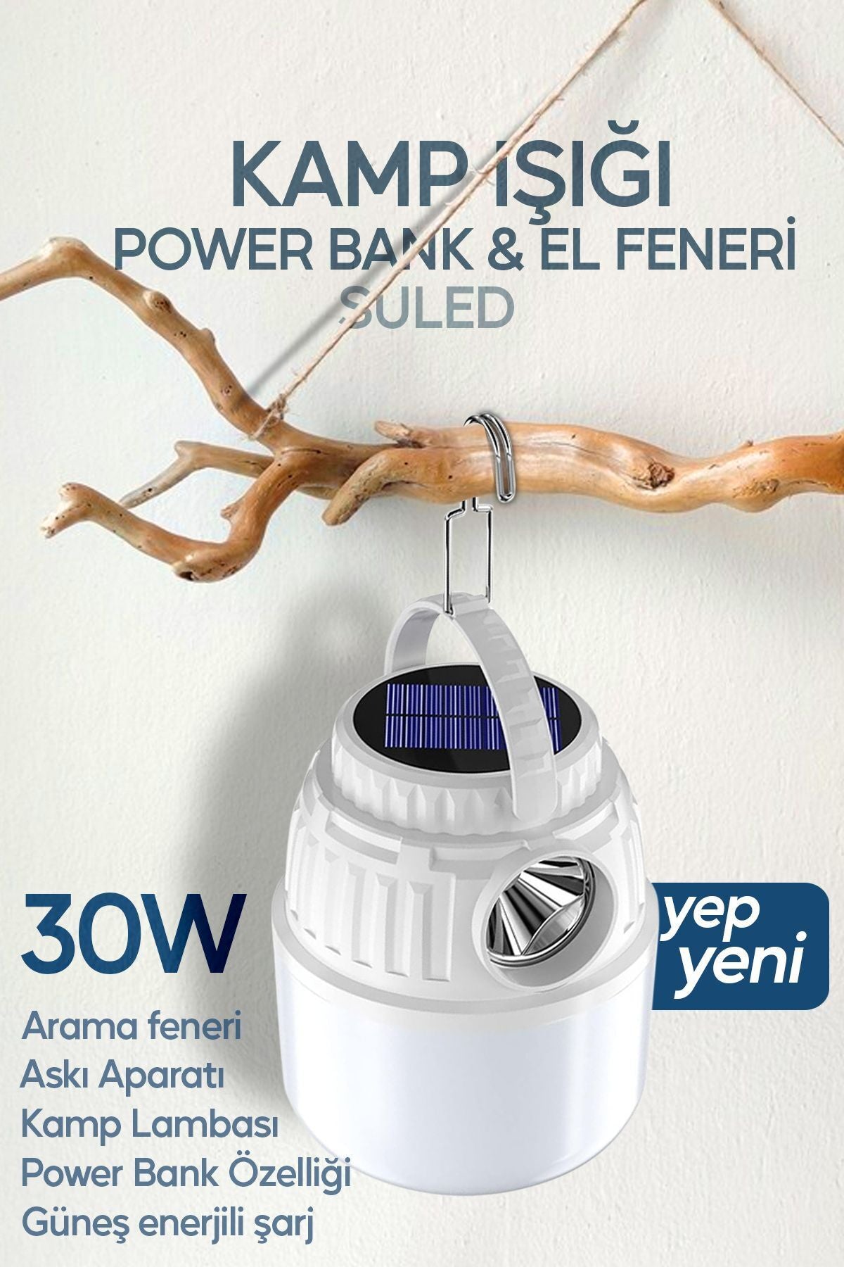 Kamp Lambası Solar Şarjlı El Feneri USB Type-C Şarj Çıkışlı Power Bank Özellikli Lithium 30W Askılı