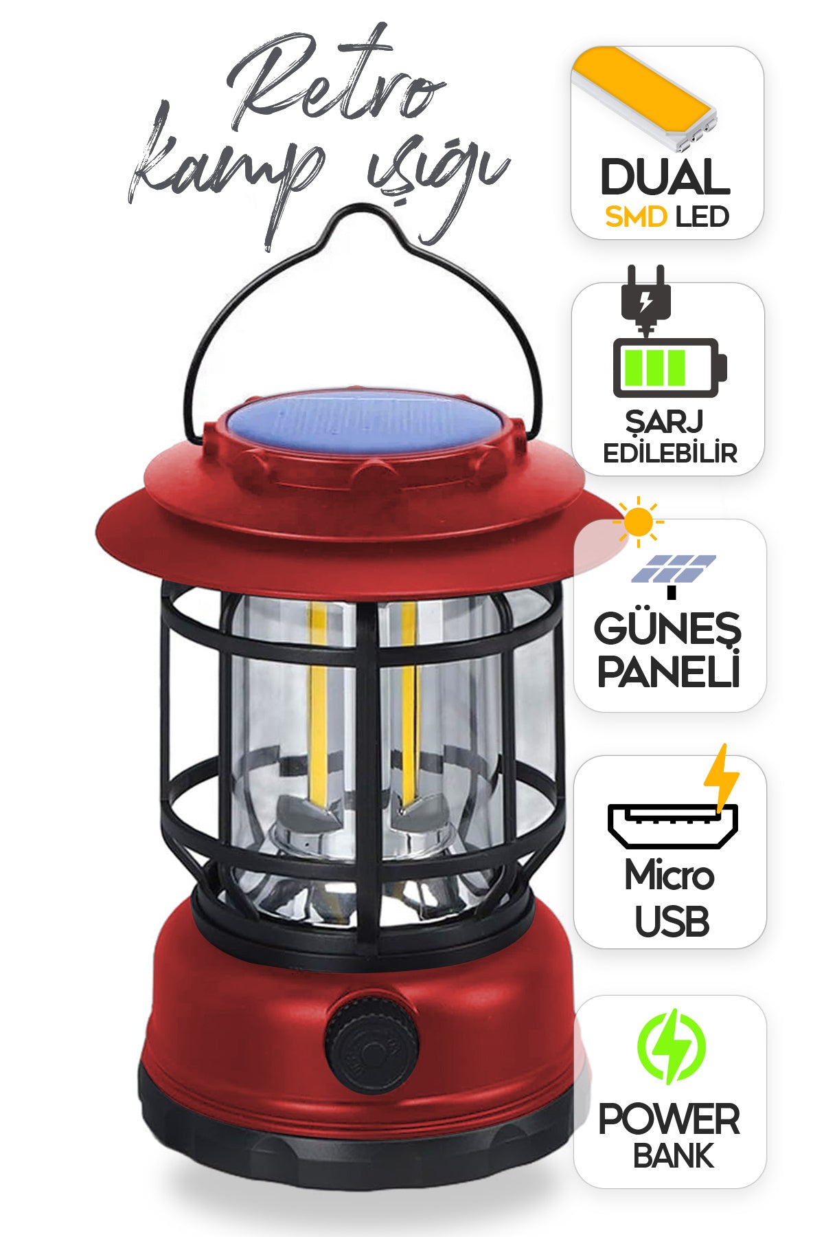 Retro Kamp Lambası Fanus Fener Micro Usb Güneş Şarjlı 10w Güçlü Led Işık Power Bank Özellikli
