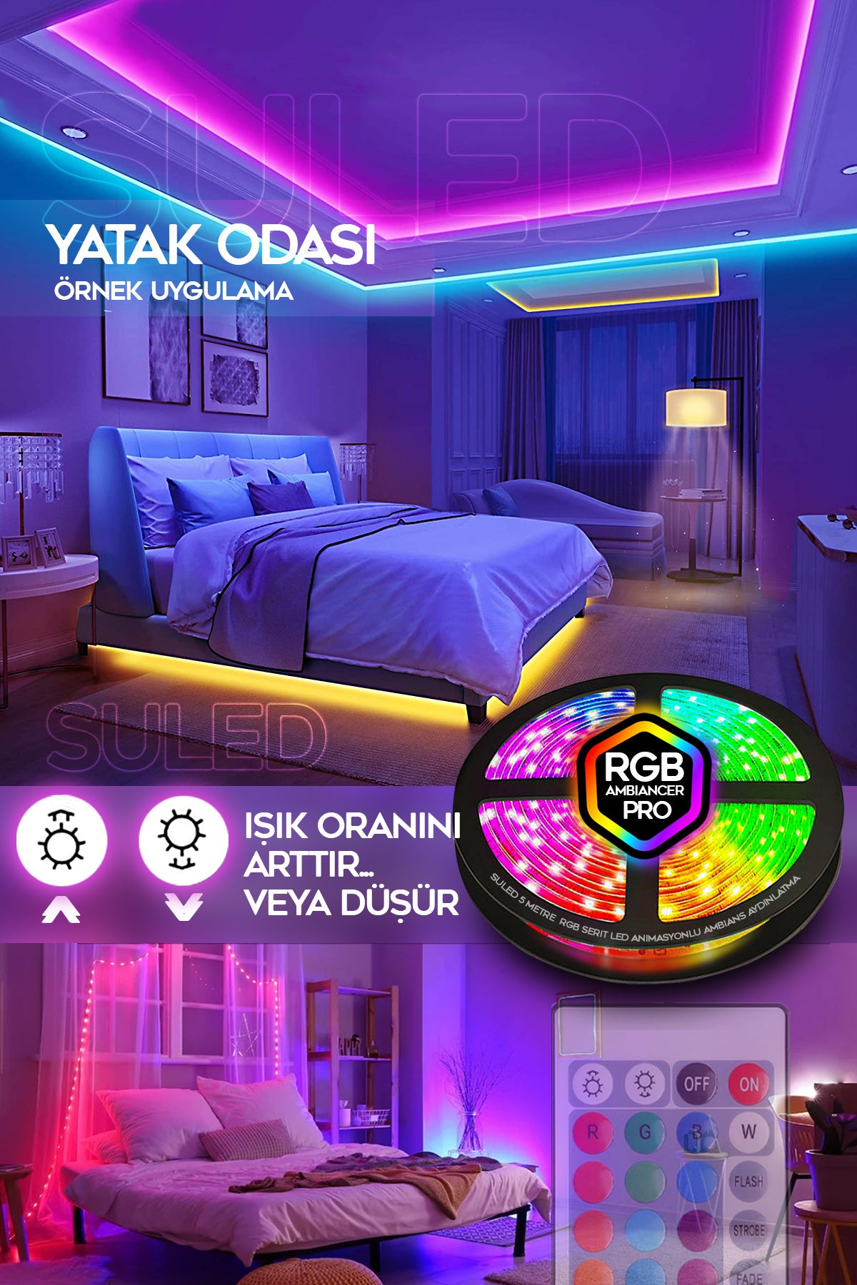 5MT X 2'li Set RGB Duvar Tavan Şerit Led Işık Ambiyans & Sabit 16 Renk Kumandalı Yapışkanlı 10 Metre