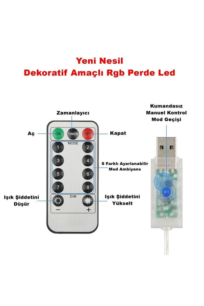 Rgb Perde Led 3x3 Mt 300 Ledli 8 Modlu10 Saçaklı Kumandalı Peri Mutfak Işık Dekoratif Lamba