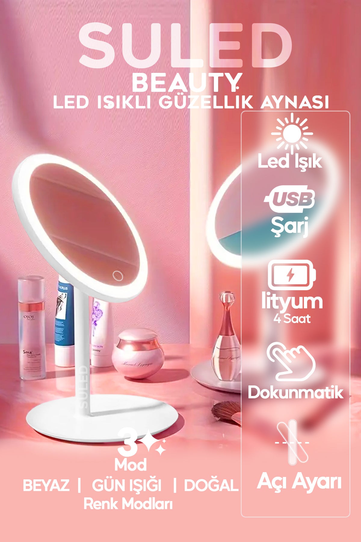 Beyaz Makyaj Aynası 3 Modlu Led Işıklı USB Şarjlı Yuvarlak Taşınabilir Açı Ayarlı Güzellik Aynası