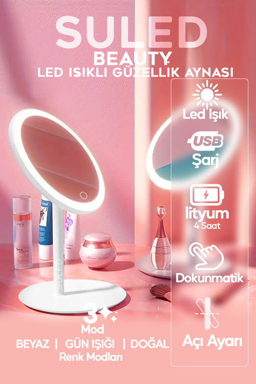 Beyaz Makyaj Aynası 3 Modlu Led Işıklı USB Şarjlı Yuvarlak Taşınabilir Açı Ayarlı Güzellik Aynası