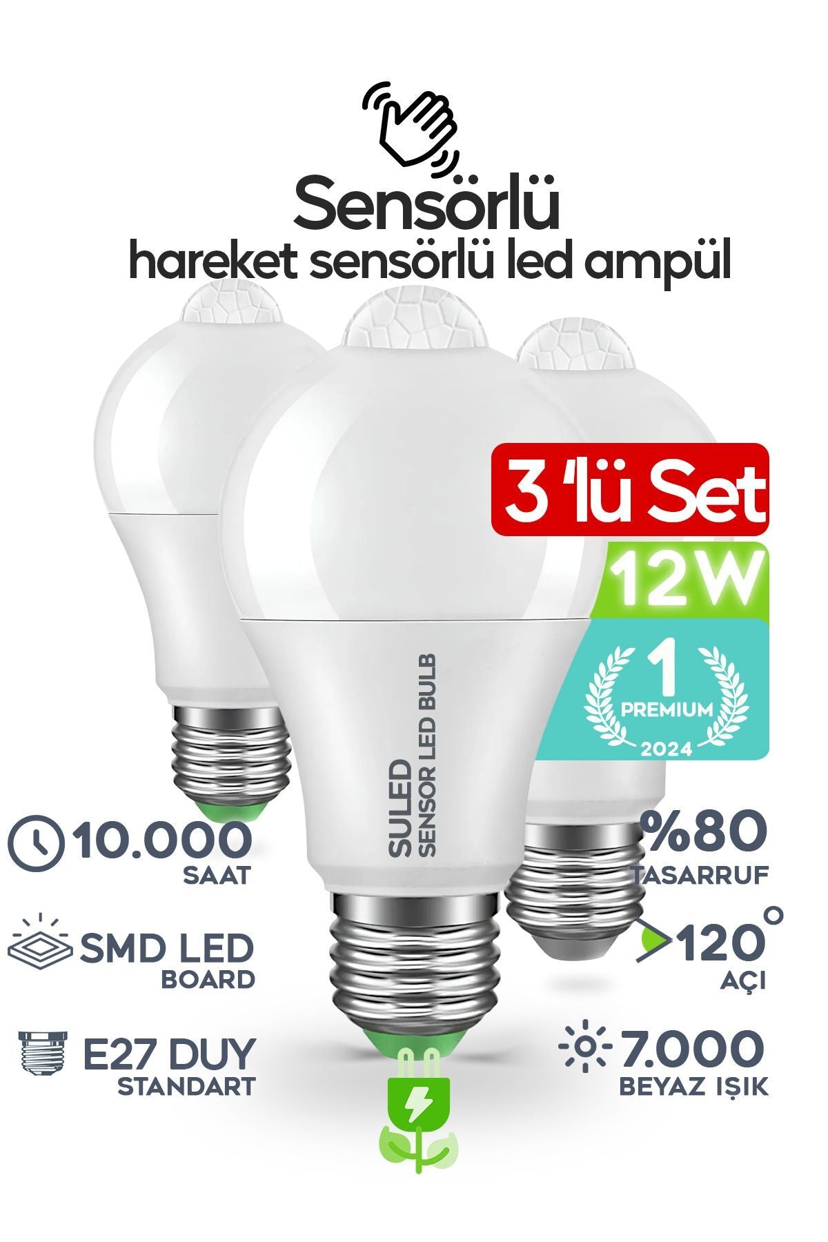 Hareket Sensörlü Led Lamba 3 Adet Ampül Beyaz Işık 12w %80 Tasarruflu Otomatik Yanıp Söner