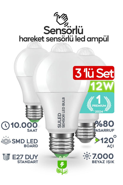 Hareket Sensörlü Led Lamba 3 Adet Ampül Beyaz Işık 12w %80 Tasarruflu Otomatik Yanıp Söner