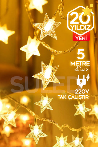 5 Metre Potart 20 Yıldızlı Dekoratif Led Işık 220v Fişli Gün Işığı Süsleme Parti Ambiyans