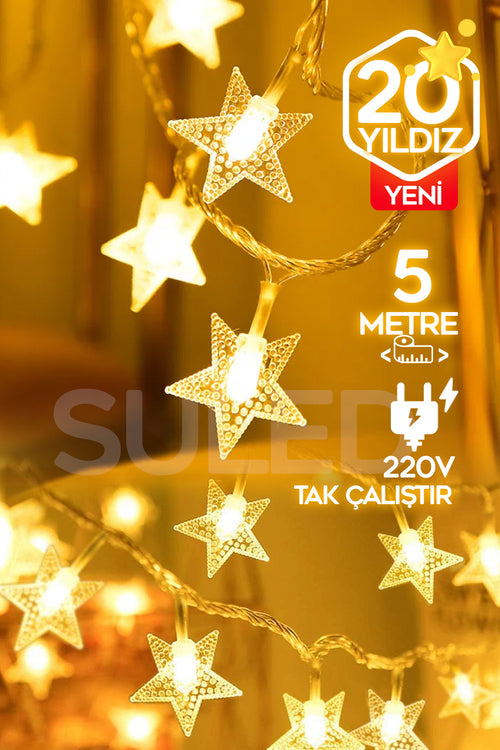 5 Metre Potart 20 Yıldızlı Dekoratif Led Işık 220v Fişli Gün Işığı Süsleme Parti Ambiyans