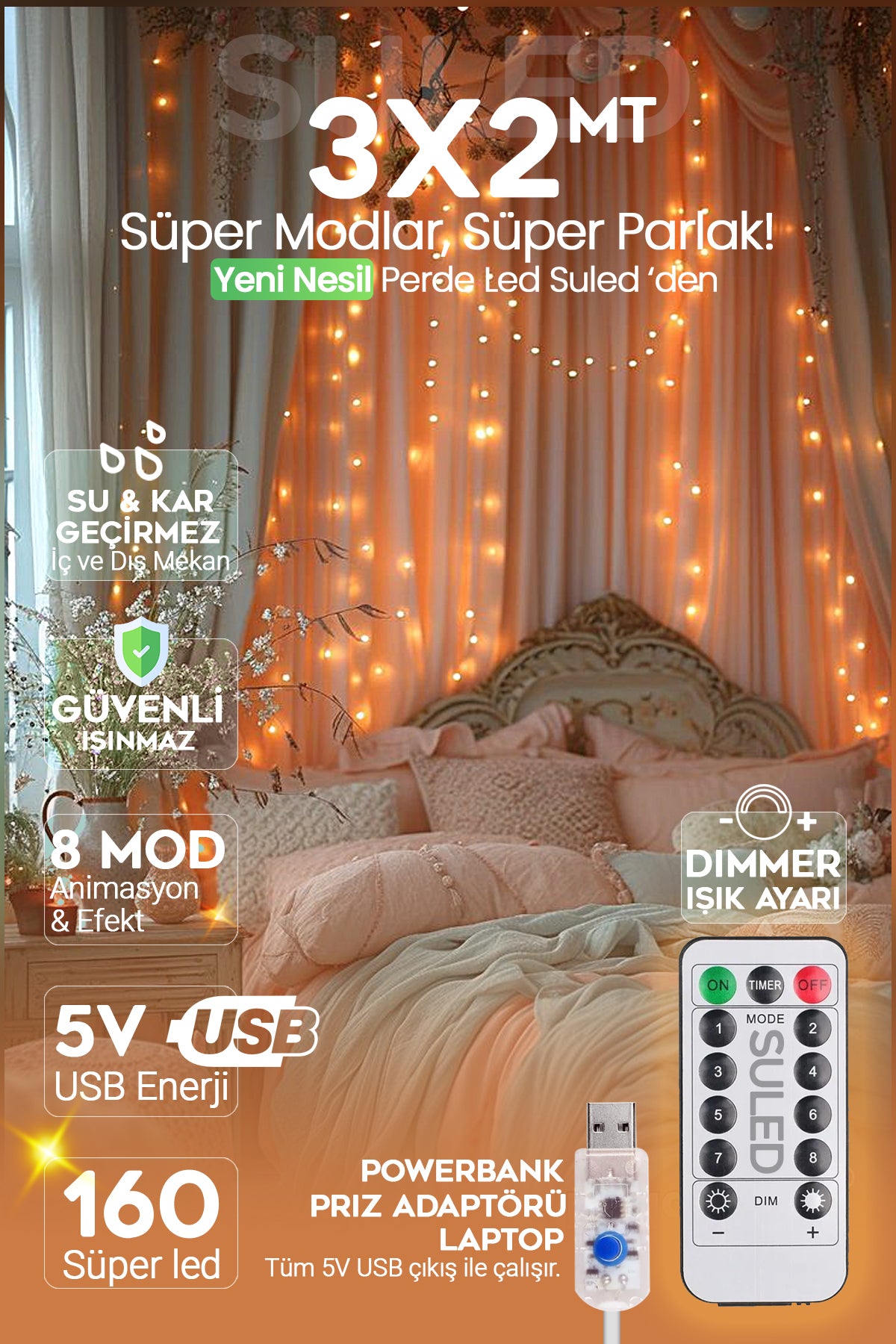 Perde Led 3X2 Metre 160 Süper Led USB'li Ambiyans Dekorasyon Ledleri İç ve Dış Mekan Su Geçirmez