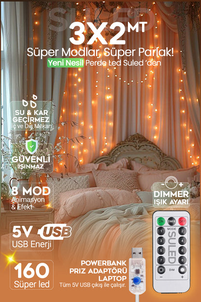 Perde Led 3X2 Metre 160 Süper Led USB'li Ambiyans Dekorasyon Ledleri İç ve Dış Mekan Su Geçirmez