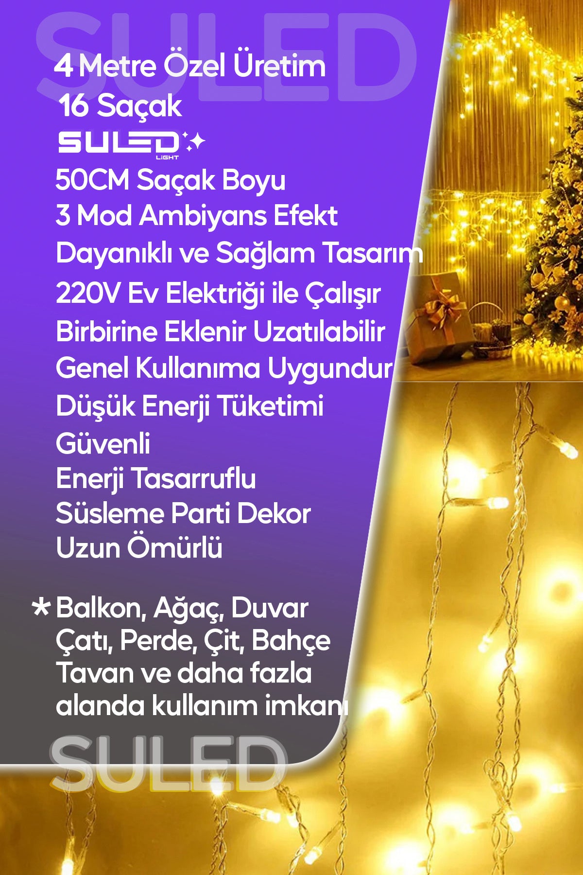 Sarı Led Işık Sarkıt Efekt Modlu 4 Metre Power Led 16 Saçak Süsleme 220v Fişli