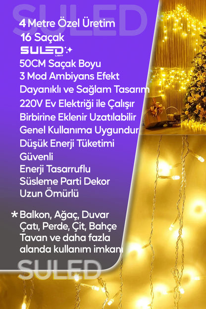 Sarı Led Işık Sarkıt Efekt Modlu 4 Metre Power Led 16 Saçak Süsleme 220v Fişli
