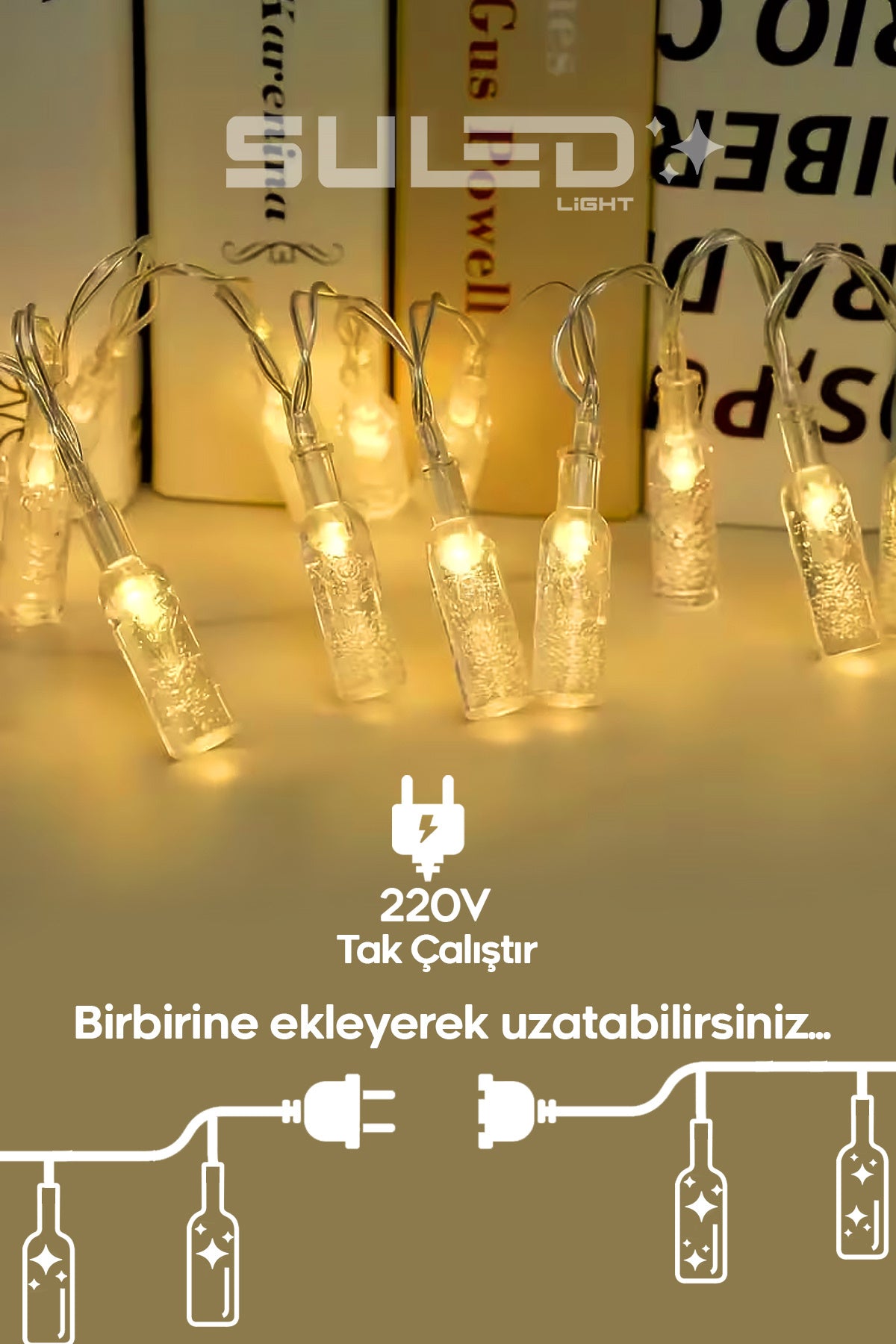 20 Led Şişe Figürlü Işık Dizisi 5 Metre 220V Fişli Dekor ve Süsleme Işığı Gün Işığı Rengi Led Işık