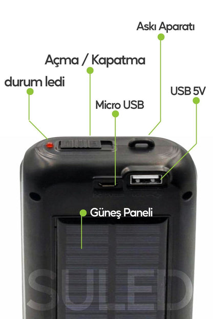 Güneş Panelli Handy Power Bank Fener Işıldak 32 Süper Smd Ledli El Feneri Ev Kamp Outdoor Aydınlatma