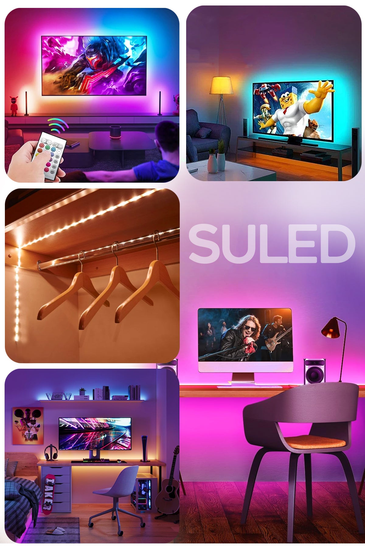 5MT X 2'li Set RGB Duvar Tavan Şerit Led Işık Ambiyans & Sabit 16 Renk Kumandalı Yapışkanlı 10 Metre