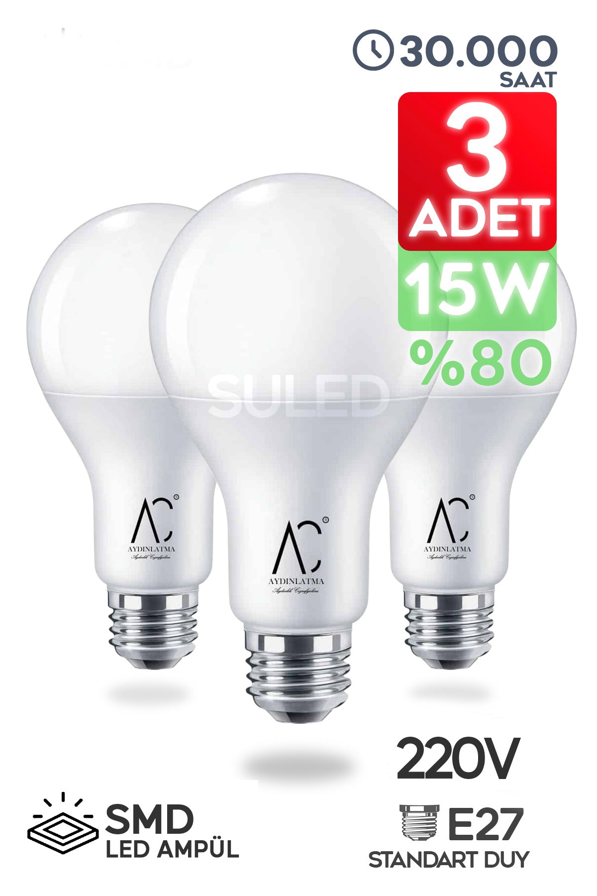 Tasarruflu Led Ampül 3'lü Set 15w Yüksek Lümen Gücü Smd Led Beyaz Işık 6500k E27 Standart Lamba