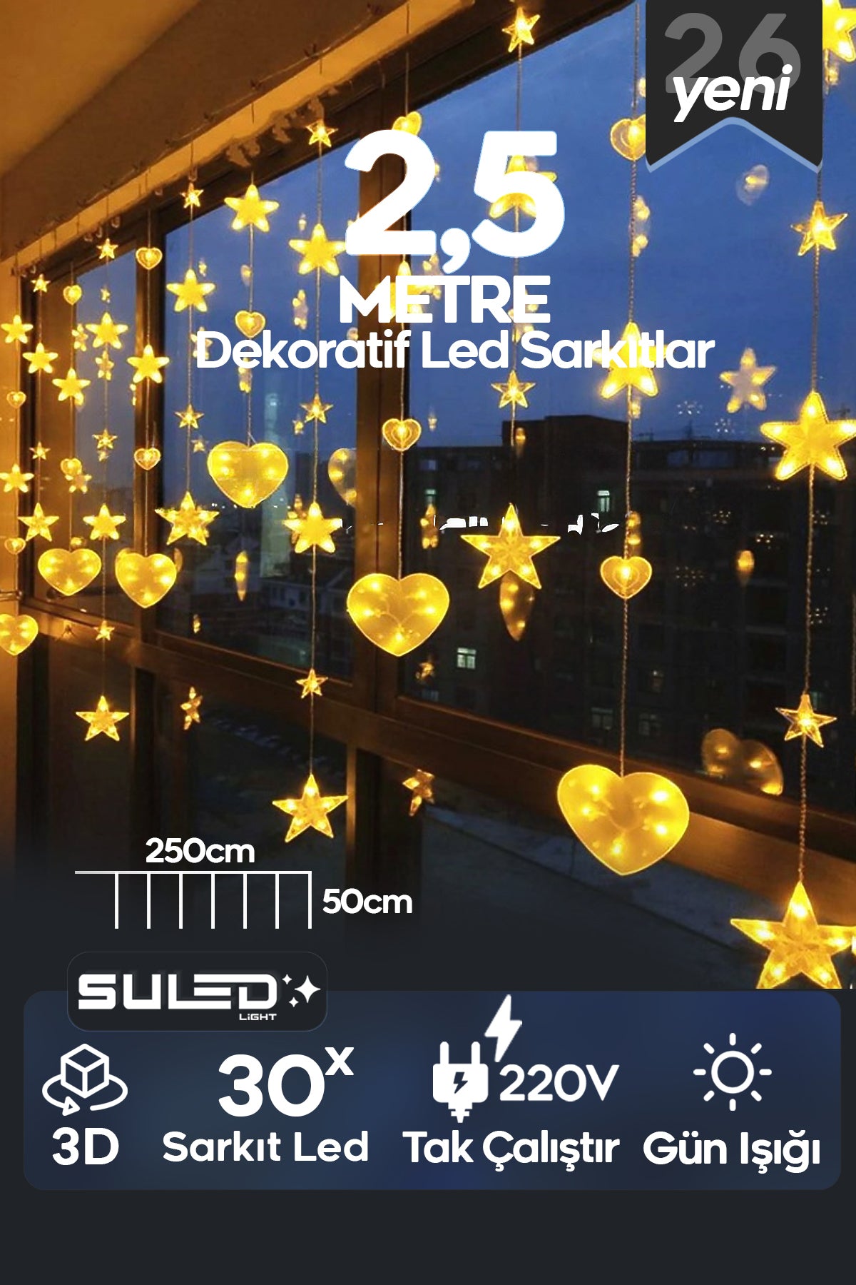 Kalpli Led Sarkıtlar 2,5 Metre 30 Led Gün Işığı 220V Dekoratif 3D Perde ve Cam Süsleme Led Işık