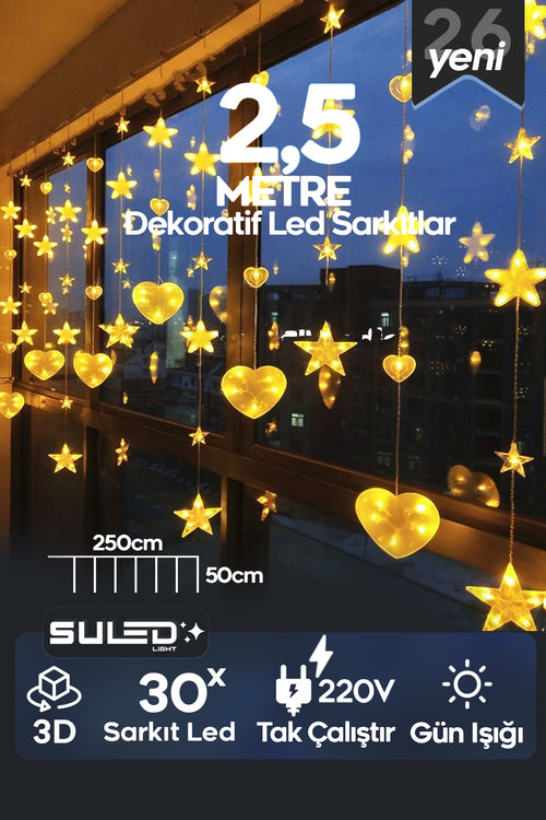 Kalpli Led Sarkıtlar 2,5 Metre 30 Led Gün Işığı 220V Dekoratif 3D Perde ve Cam Süsleme Led Işık