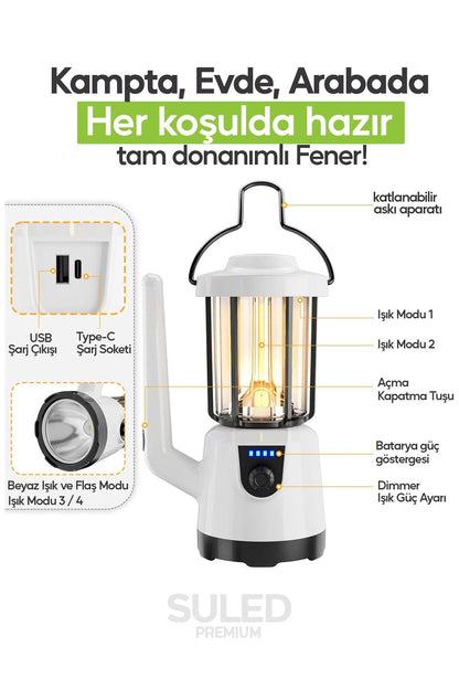 Kamp Pro2 Profesyonel Kamp Lambası ve El Fener Şarjlı USB Powerbank Özellikli