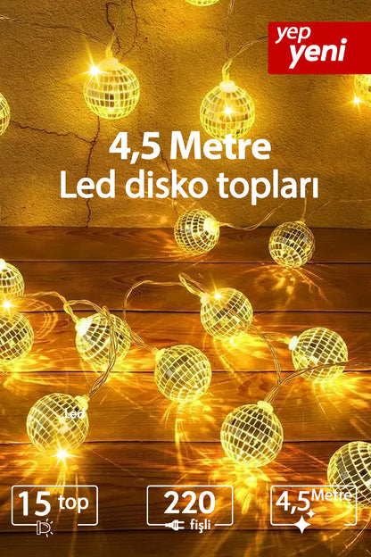 Disko Led 4,5 Metre 15 Top Led Işıklar Dekoratif 220V Ambiyans Süsleme Işıkları Oda Bahçe ve Dekor