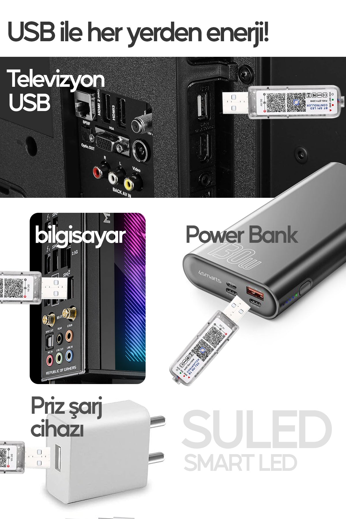 Smart Şerit Led Yeni Nesil 5 Metre Bluetooth TV Sese Duyarlı USB Enerjili Telefon Kontrollü Efektli