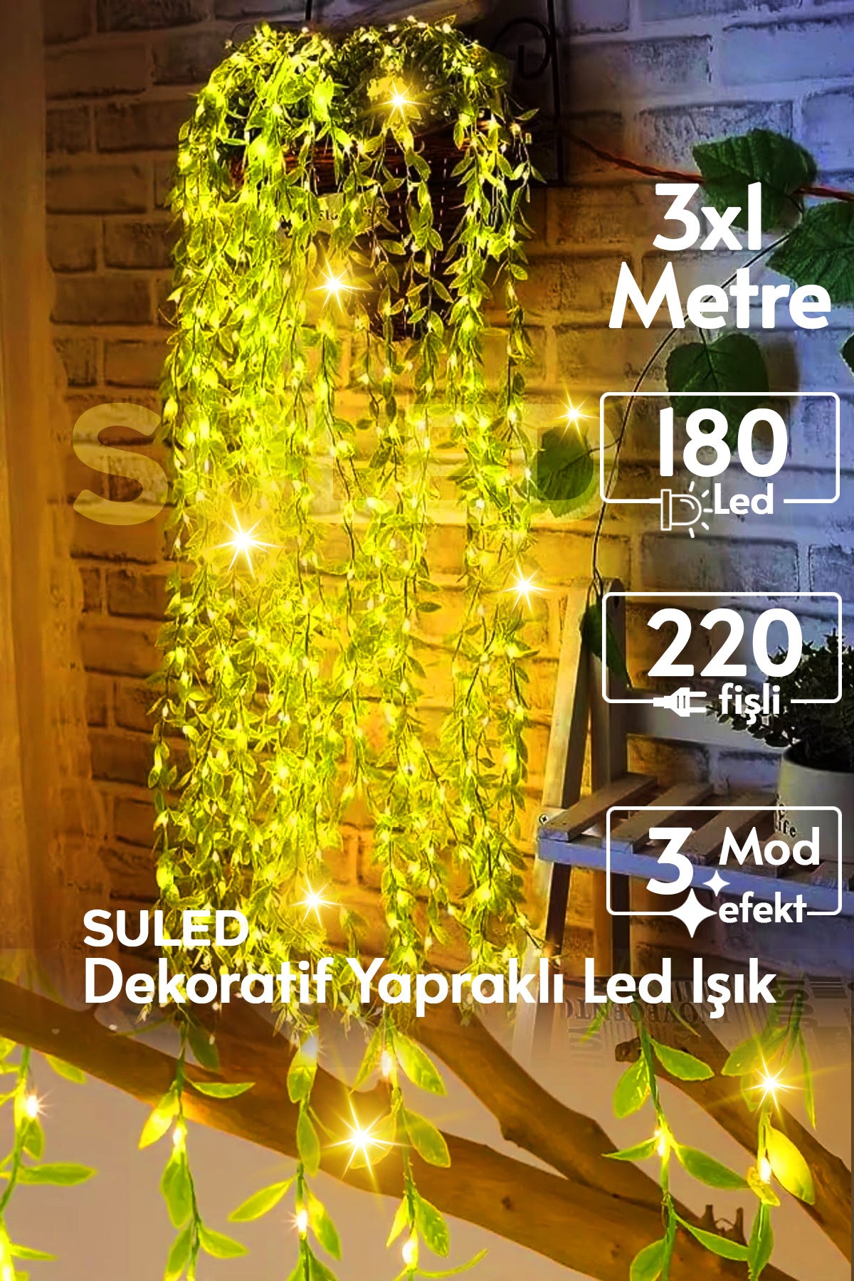 Dekoratif Yapraklı Led Işık 3x1 Metre 180 Led 220V Fişli 3 Modlu Ambiyans Aydınlatma Süs & Dekor Led