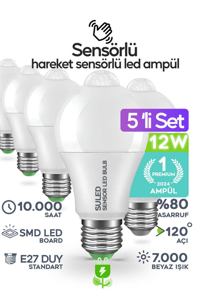 Hareket Sensörlü Led Lamba 5 Adet Ampül Beyaz Işık 12w %80 Tasarruflu Otomatik Yanıp Söner