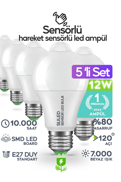 Hareket Sensörlü Led Lamba 5 Adet Ampül Beyaz Işık 12w %80 Tasarruflu Otomatik Yanıp Söner