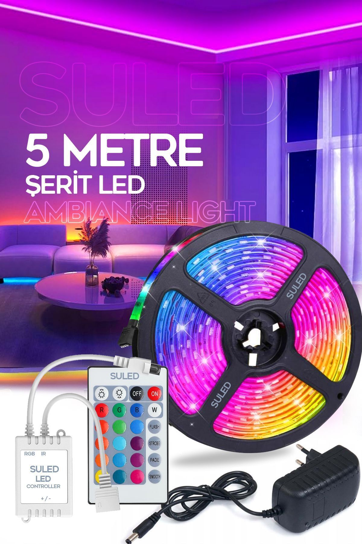 Şerit Led 5 Metre Ambians Aydınlatma Kumanda & Trafolu RGB Şerit Işık Tavan Oda Işık Dekoru